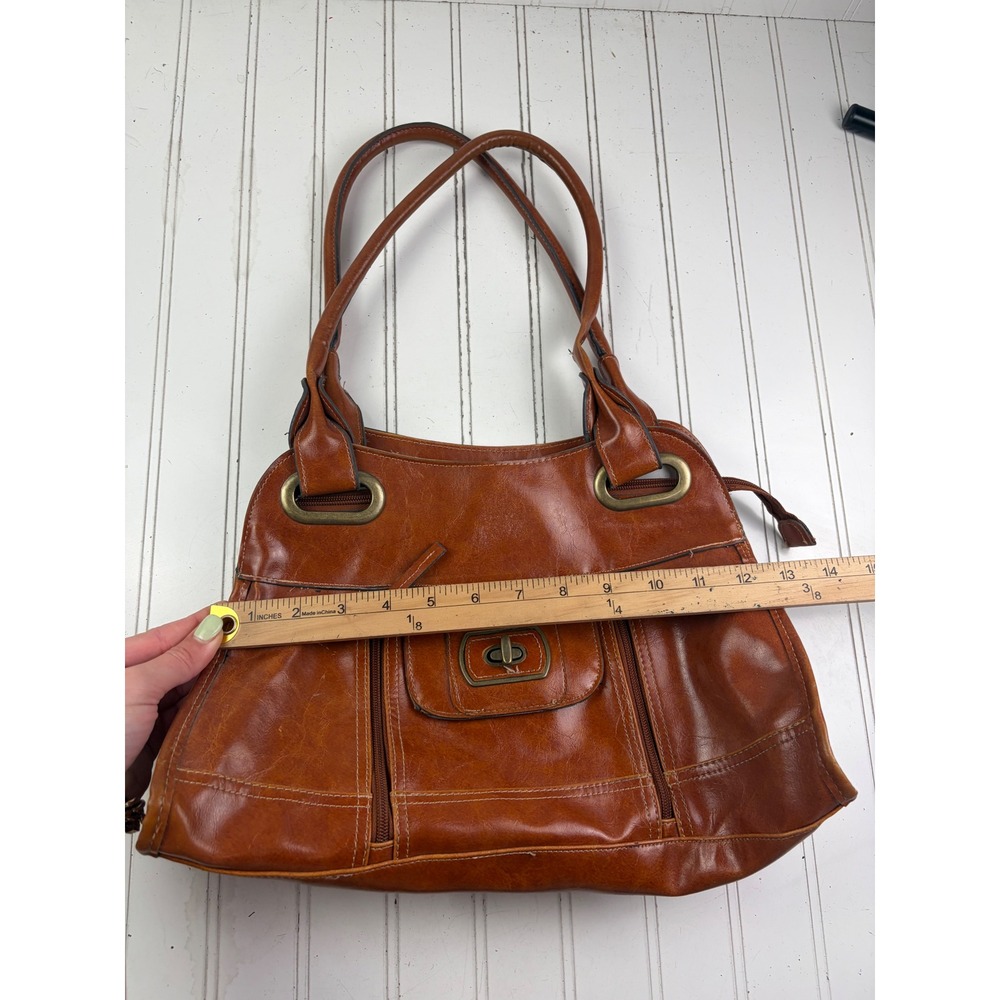 Vintage Y2K Cognac Brown Leather Multi-Pocket Shoulder Bag Satchel Purse - Picture 10 of 12